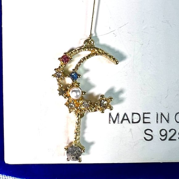 NWOT Celestial Moon & Star Crystal & Pearl Dangle Earrings Gold Finished S925 - Picture 4 of 6